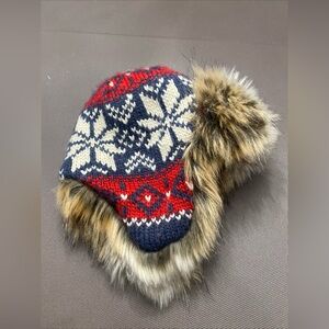 Trapper’s Hat Land’s End boys Knit Blue White Faux Fur XS-S New With Tags